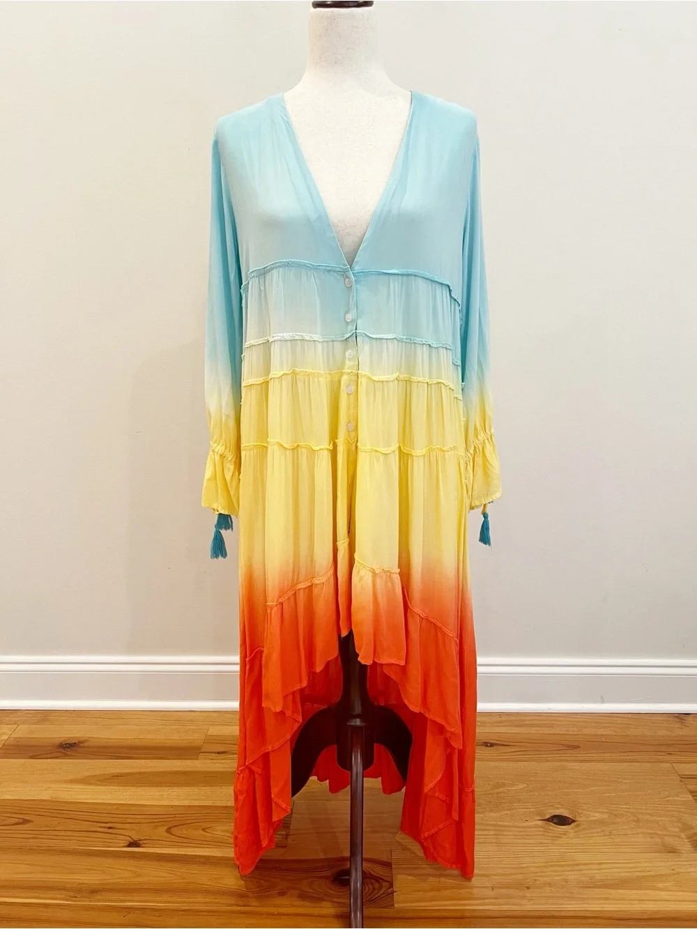 Mazik Dress Womens Small Rainbow Ombré High Low Ruffle Tassels Resort Flowy Boho - Picture 1 of 16